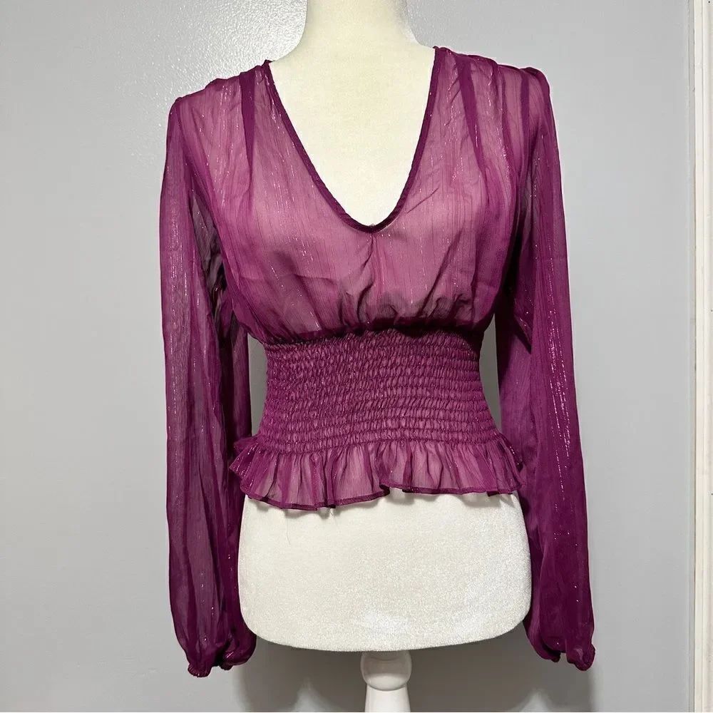 Forever 21 purple, sheer, long sleeve top with a tie on the back size S